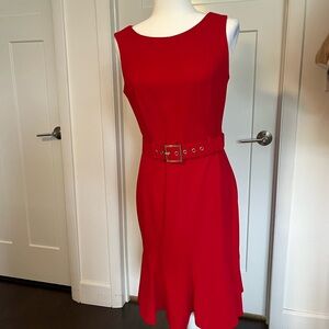 Calvin Klein Sleeveless Belted Midi Dress in Red